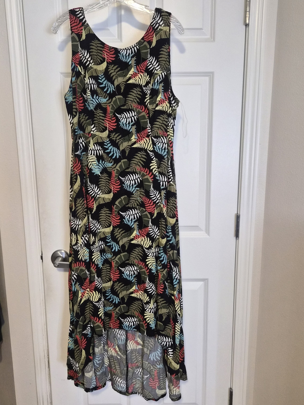 Black Sleeveless High-Low Dress with Multicolor Leaf Print